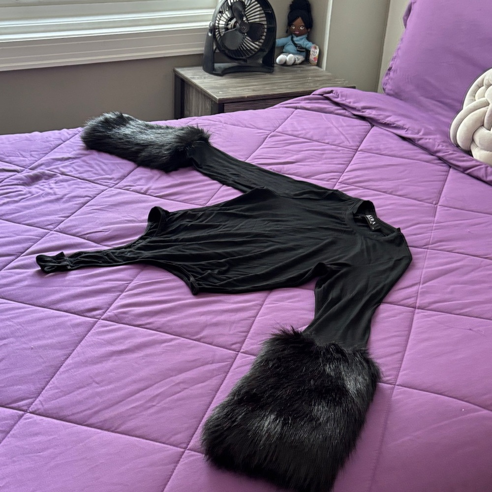 Elegant Black Faux Fur Trimmed Bodysuit